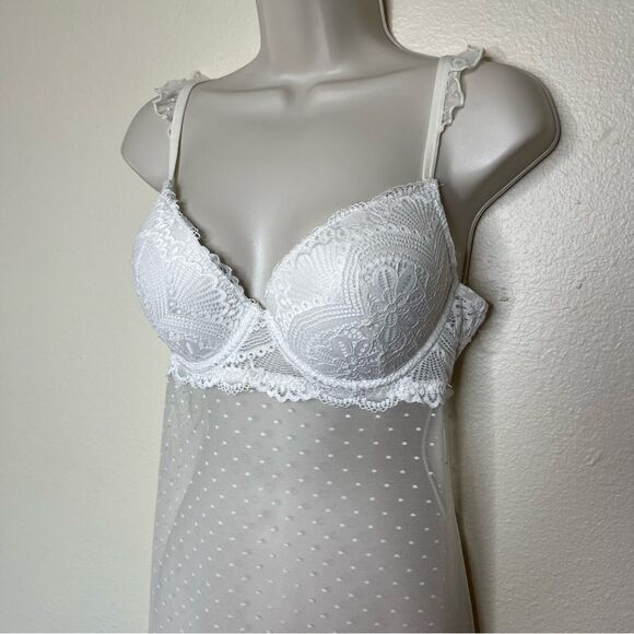 NWOT Jessica Simpson Stretch Mesh Dot Babydoll Cream Floral Lace Women Large - Picture 4 of 15